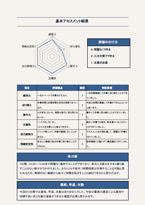 就労ガイドブック 基本アセスメント結果ページ